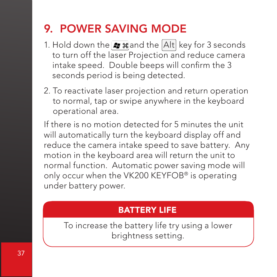 Power saving mode | CTX Virtual Technologies The VK200 KEYFOB Virtual Keyboard User Manual | Page 38 / 49
