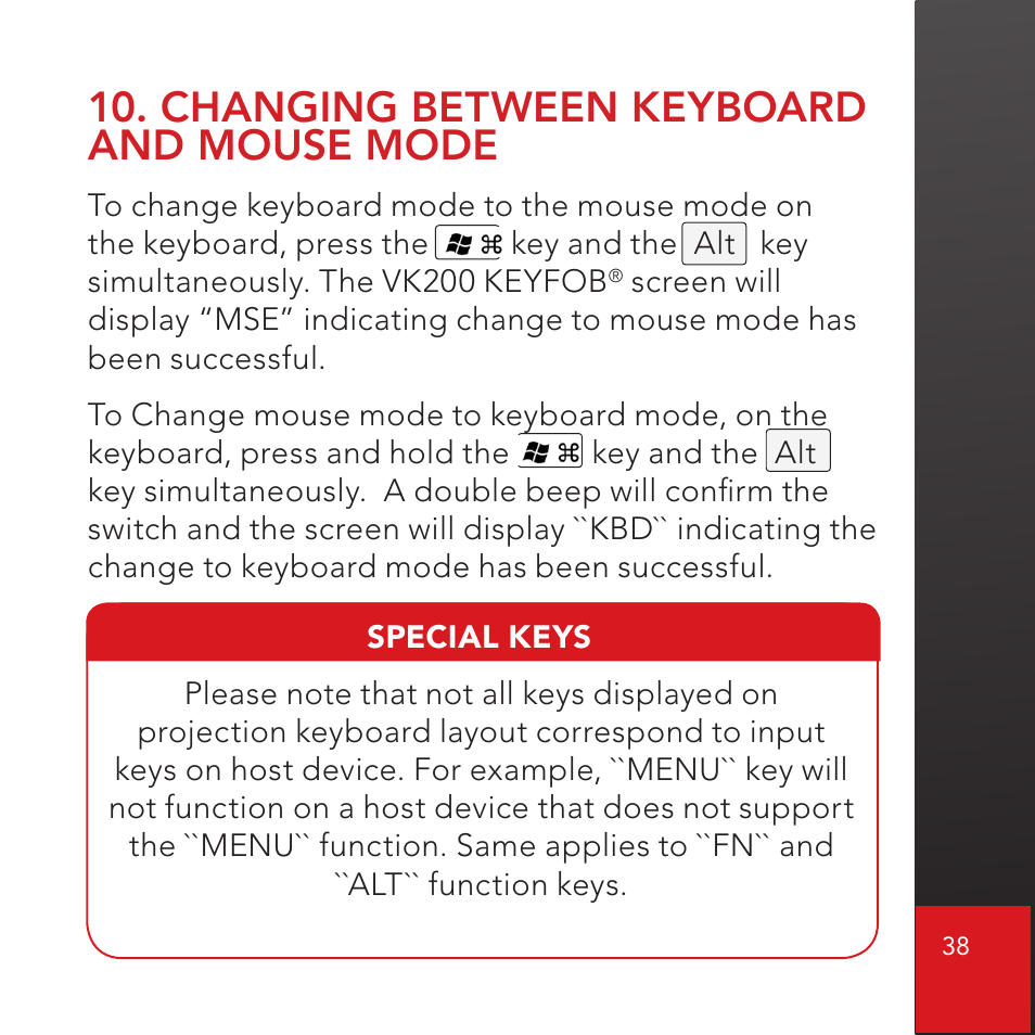 Changing between keyboard and mouse mode | CTX Virtual Technologies The VK200 KEYFOB Virtual Keyboard User Manual | Page 39 / 49
