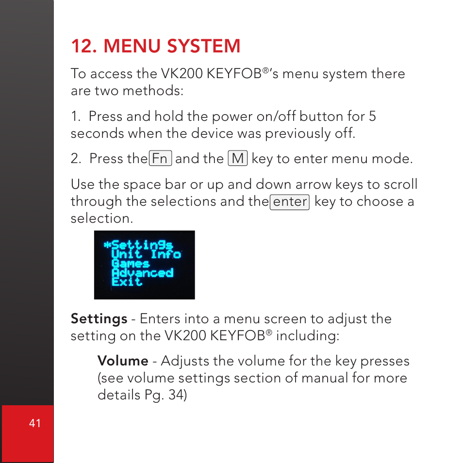 Menu system | CTX Virtual Technologies The VK200 KEYFOB Virtual Keyboard User Manual | Page 42 / 49