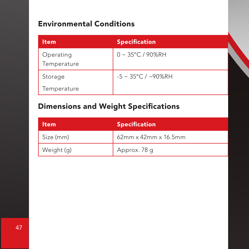 Environmental conditions, Dimensions and weight specifications | CTX Virtual Technologies The VK200 KEYFOB Virtual Keyboard User Manual | Page 48 / 49