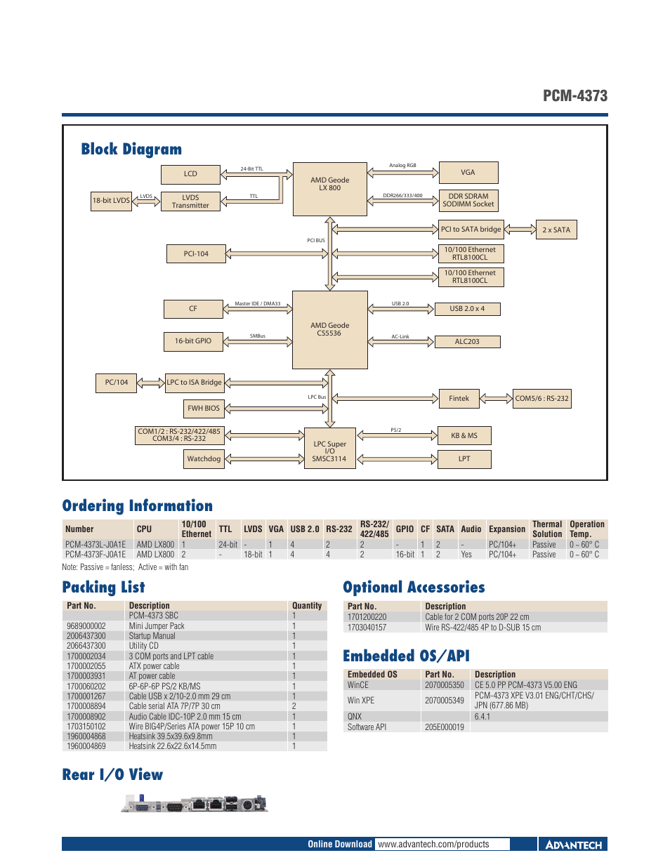 Block diagram ordering information, Pcm-4373 optional accessories, Embedded os/api | Packing list, Rear i/o view | Impulse PCM-4373 User Manual | Page 2 / 2