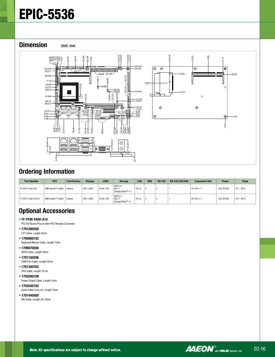 Epic-5536, Dimension, Optional accessories | Ordering information, Unit: mm | Impulse EPIC-5536 User Manual | Page 2 / 2