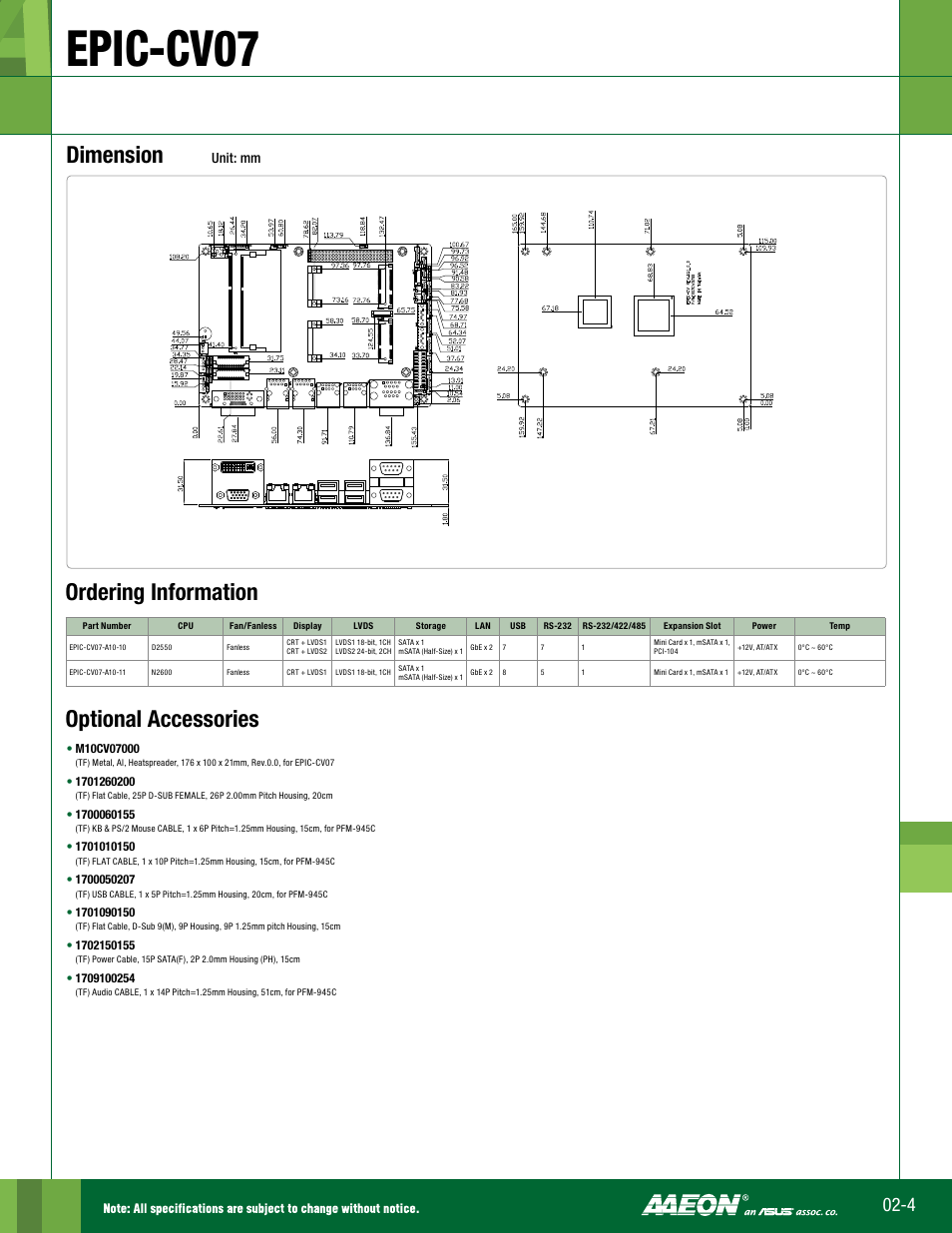 Epic-cv07, Dimension, Ordering information | Optional accessories, Unit: mm | Impulse EPIC-CV07 User Manual | Page 2 / 2