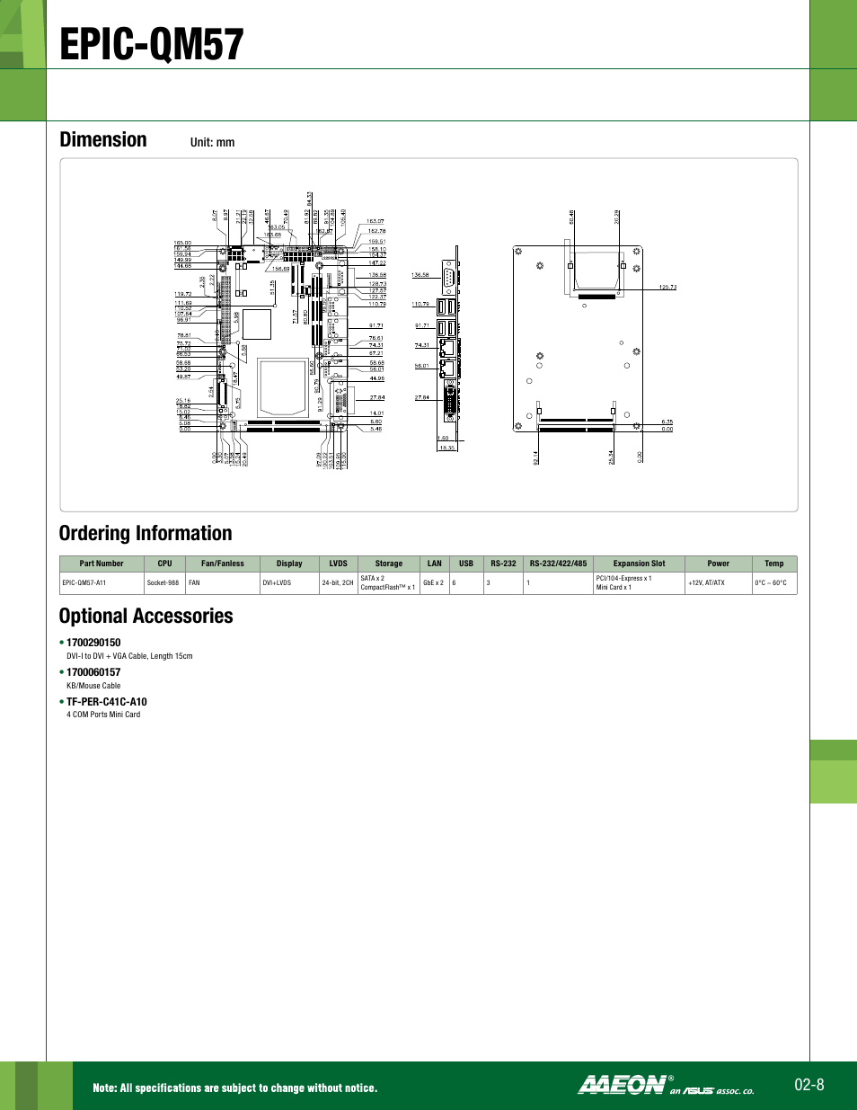 Epic-qm57, Dimension, Optional accessories | Ordering information | Impulse EPIC-QM57 User Manual | Page 2 / 2