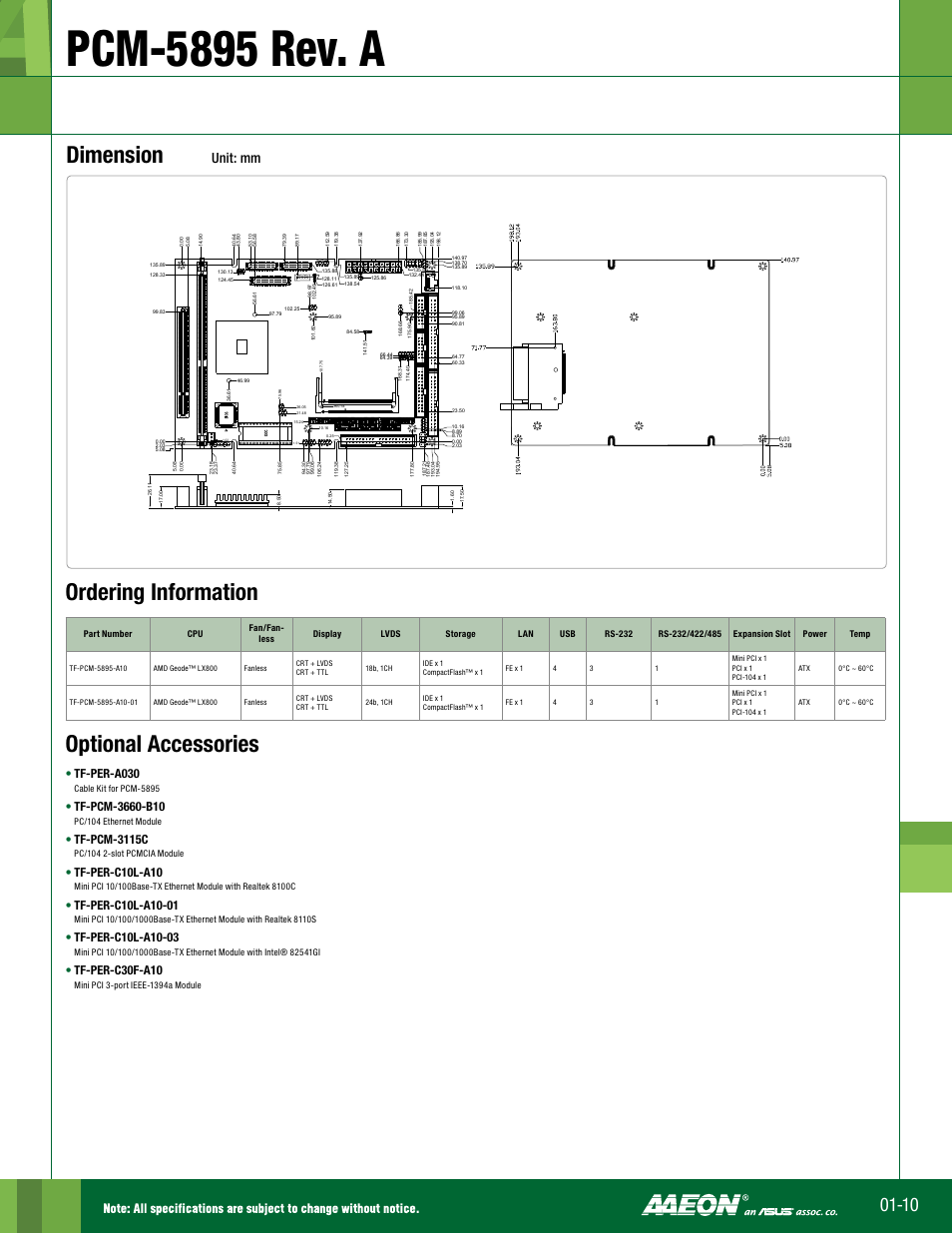 Pcm-5895 rev. a, Dimension, Optional accessories | Ordering information, Unit: mm, Tf-per-a030, Tf-pcm-3115c, Tf-per-c10l-a10, Tf-per-c30f-a10 | Impulse PCM-5895 Rev. A User Manual | Page 2 / 2