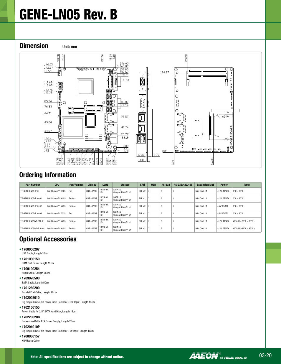 Gene-ln05 rev. b, Dimension, Optional accessories | Ordering information, Unit: mm | Impulse GENE-LN05 Rev. B User Manual | Page 2 / 2