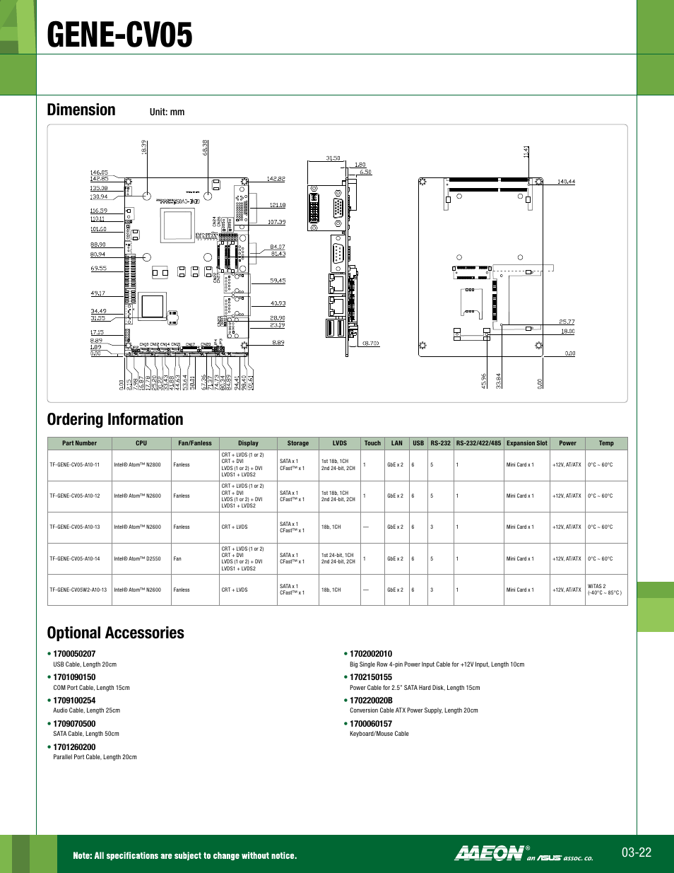 Gene-cv05, Dimension, Ordering information optional accessories | Unit: mm | Impulse GENE-CV05 User Manual | Page 2 / 2