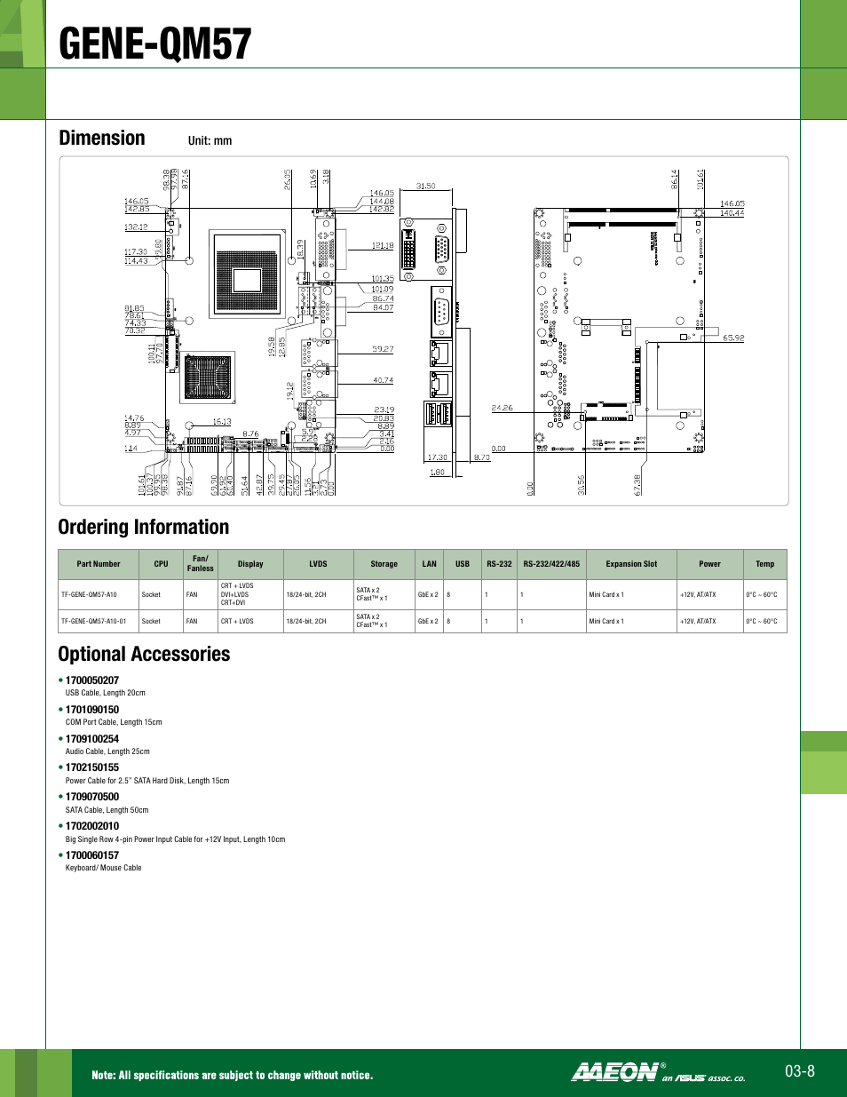 Gene-qm57, Dimension, Optional accessories | Ordering information, Unit: mm | Impulse GENE-QM57 User Manual | Page 2 / 2