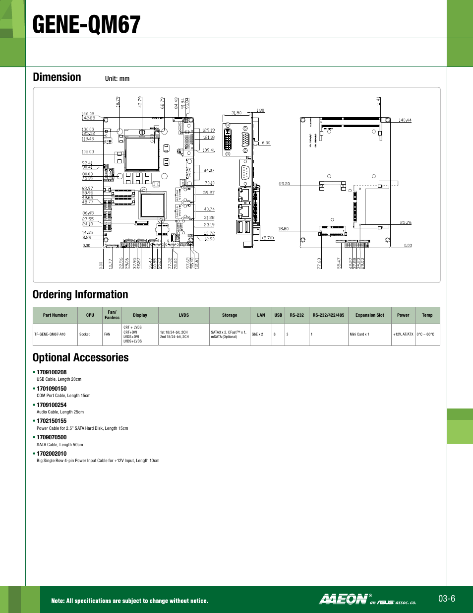 Gene-qm67, Dimension, Optional accessories | Ordering information | Impulse GENE-QM67 User Manual | Page 2 / 2