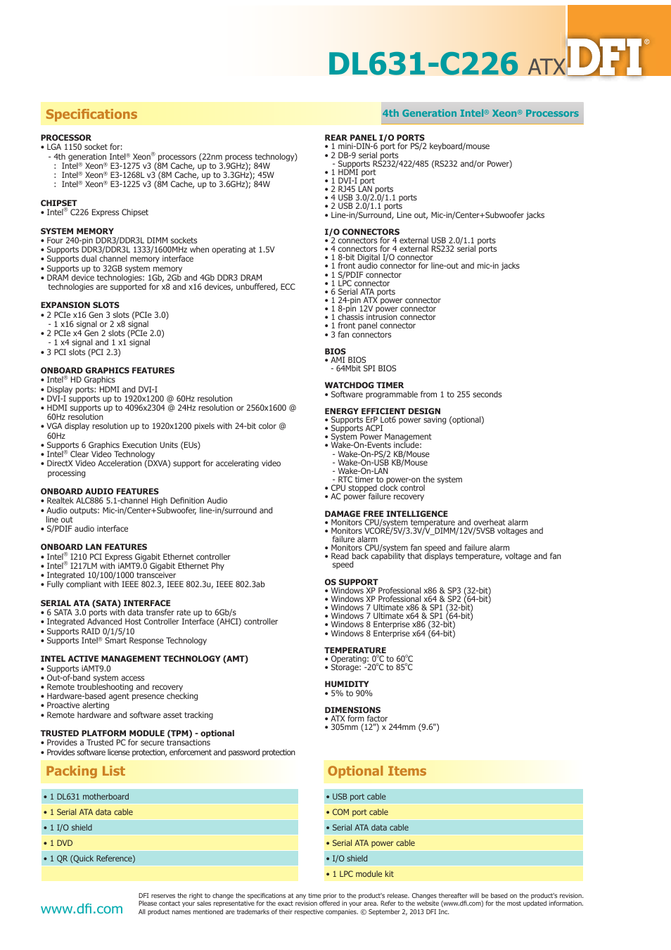 Speciﬁ cations, Packing list, Packing list optional items | Impulse DL631-C226 User Manual | Page 2 / 2