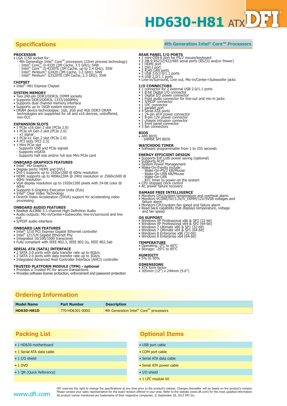 Packing list, Packing list optional items, Ordering information | Impulse HD630-H81 User Manual | Page 2 / 2