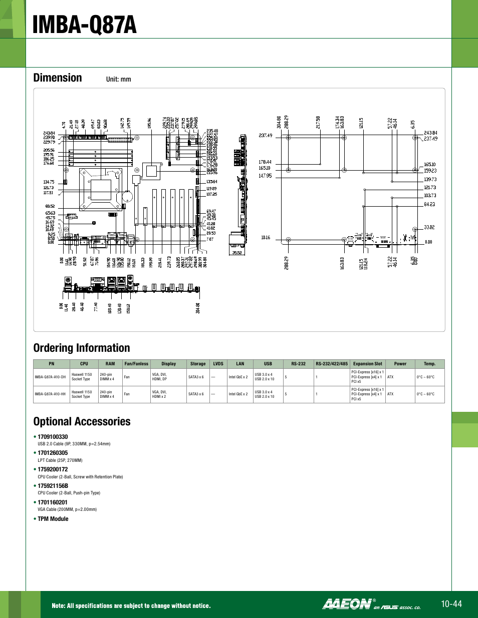 Imba-q87a, Dimension, Ordering information optional accessories | Unit: mm | Impulse IMBA-Q87A User Manual | Page 2 / 2