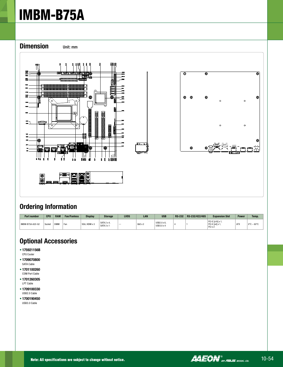 Imbm-b75a, Dimension, Ordering information | Optional accessories | Impulse IMBM-B75A User Manual | Page 2 / 2