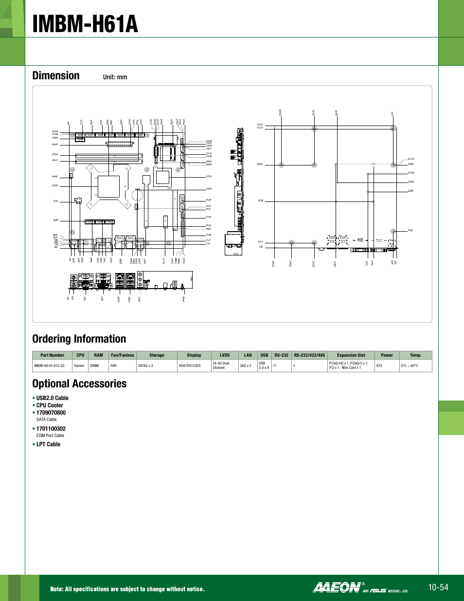 Imbm-h61a, Dimension, Ordering information optional accessories | Impulse IMBM-H61A User Manual | Page 2 / 2