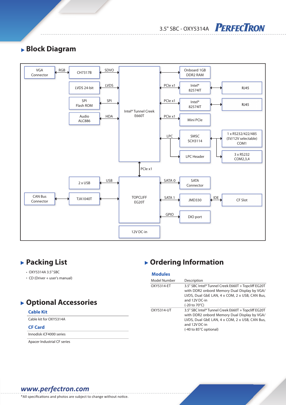 Block diagram packing list ordering information, Optional accessories | Impulse OXY5314A User Manual | Page 2 / 2