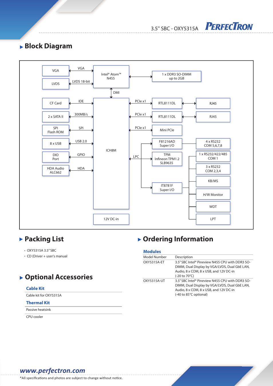 Block diagram packing list ordering information, Optional accessories | Impulse OXY5315A User Manual | Page 2 / 2