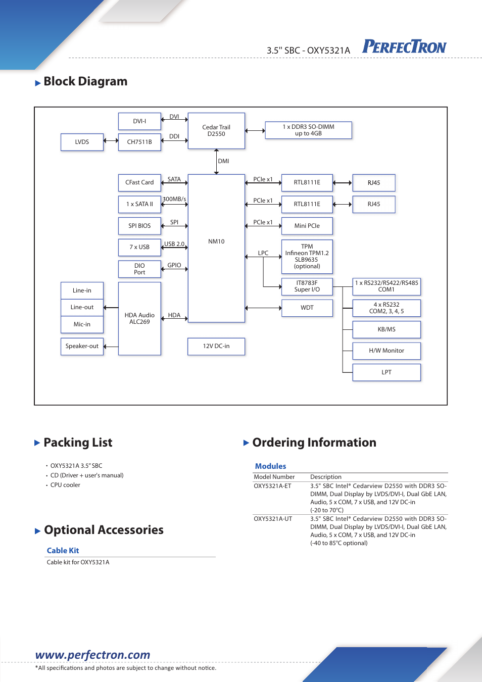 Block diagram packing list ordering information, Optional accessories | Impulse OXY5321A User Manual | Page 2 / 2