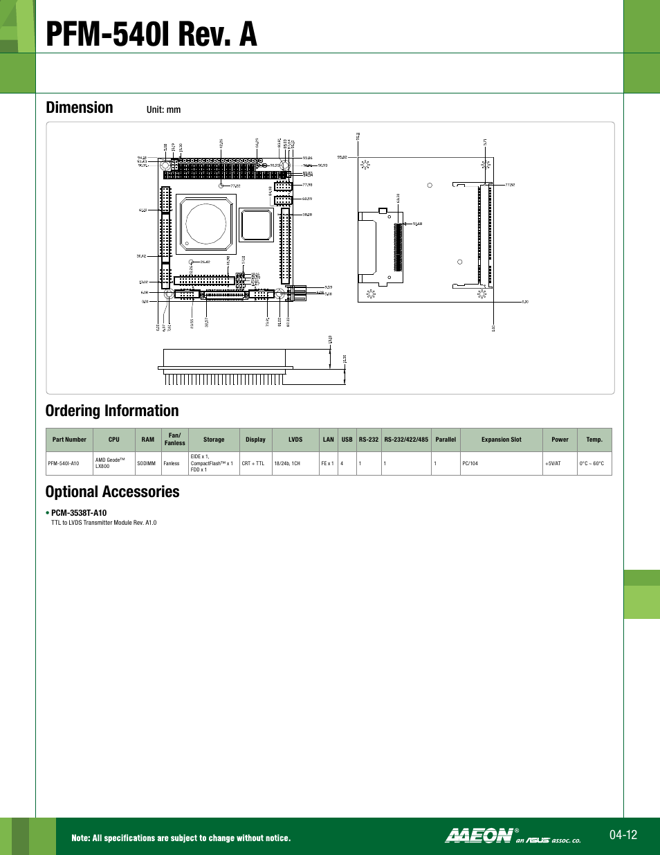 Pfm-540i rev. a, Dimension, Optional accessories | Ordering information | Impulse PFM-540I Rev. A User Manual | Page 2 / 2