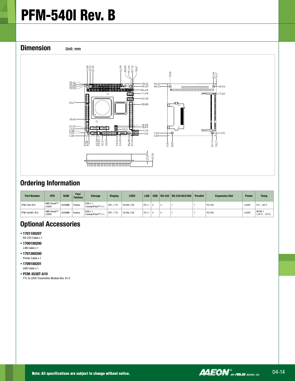 Pfm-540i rev. b, Dimension, Optional accessories | Ordering information, Unit: mm | Impulse PFM-540I Rev. B User Manual | Page 2 / 2