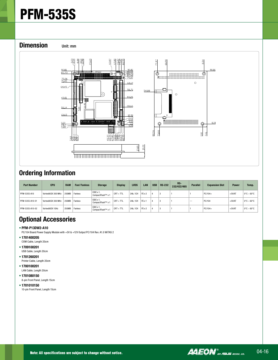 Pfm-535s, Dimension, Optional accessories | Ordering information, Unit: mm | Impulse PFM-535S User Manual | Page 2 / 2