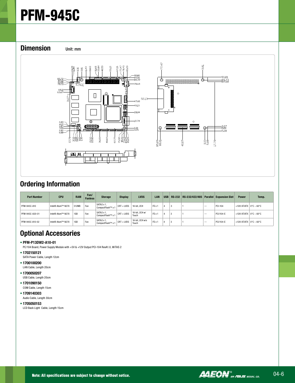 Pfm-945c, Dimension, Optional accessories | Ordering information, Unit: mm | Impulse PFM-945C User Manual | Page 2 / 2