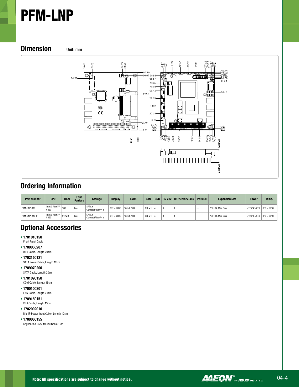 Pfm-lnp, Dimension, Optional accessories | Ordering information, Unit: mm | Impulse PFM-LNP User Manual | Page 2 / 2