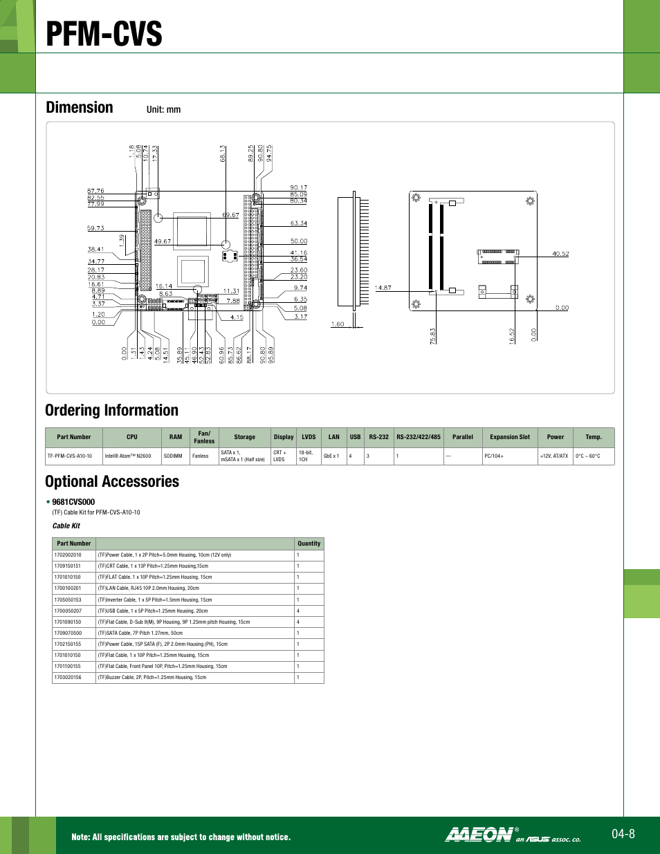 Pfm-cvs, Dimension, Optional accessories ordering information | Unit: mm | Impulse PFM-CVS User Manual | Page 2 / 2