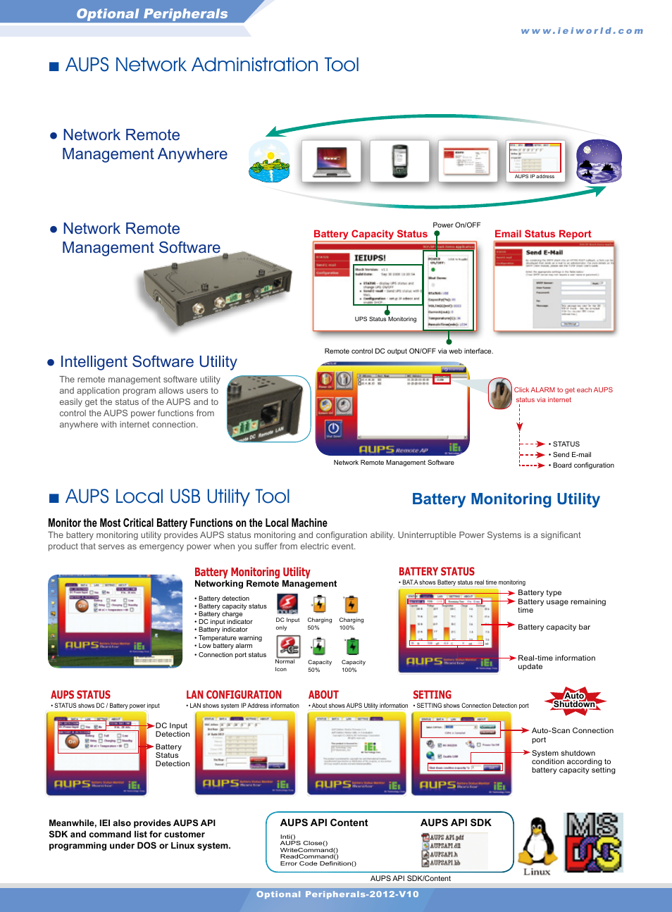 Intelligent software utility, Battery monitoring utility, Network remote management anywhere | Network remote management software, Optional peripherals | Impulse AUPS-A10 User Manual | Page 2 / 4