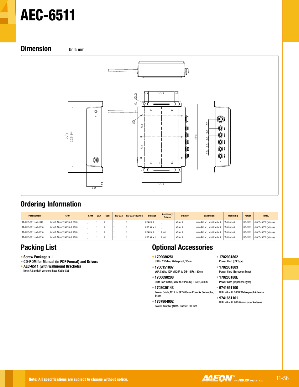Aec-6511, Optional accessories, Packing list | Ordering information, Dimension, Unit: mm | Impulse AEC-6511 User Manual | Page 2 / 2