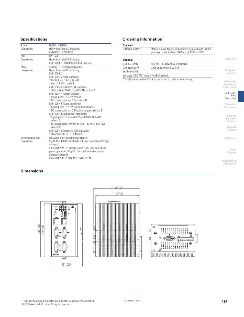 Specifications ordering information dimensions | Impulse rBOX201-4COM User Manual | Page 2 / 2