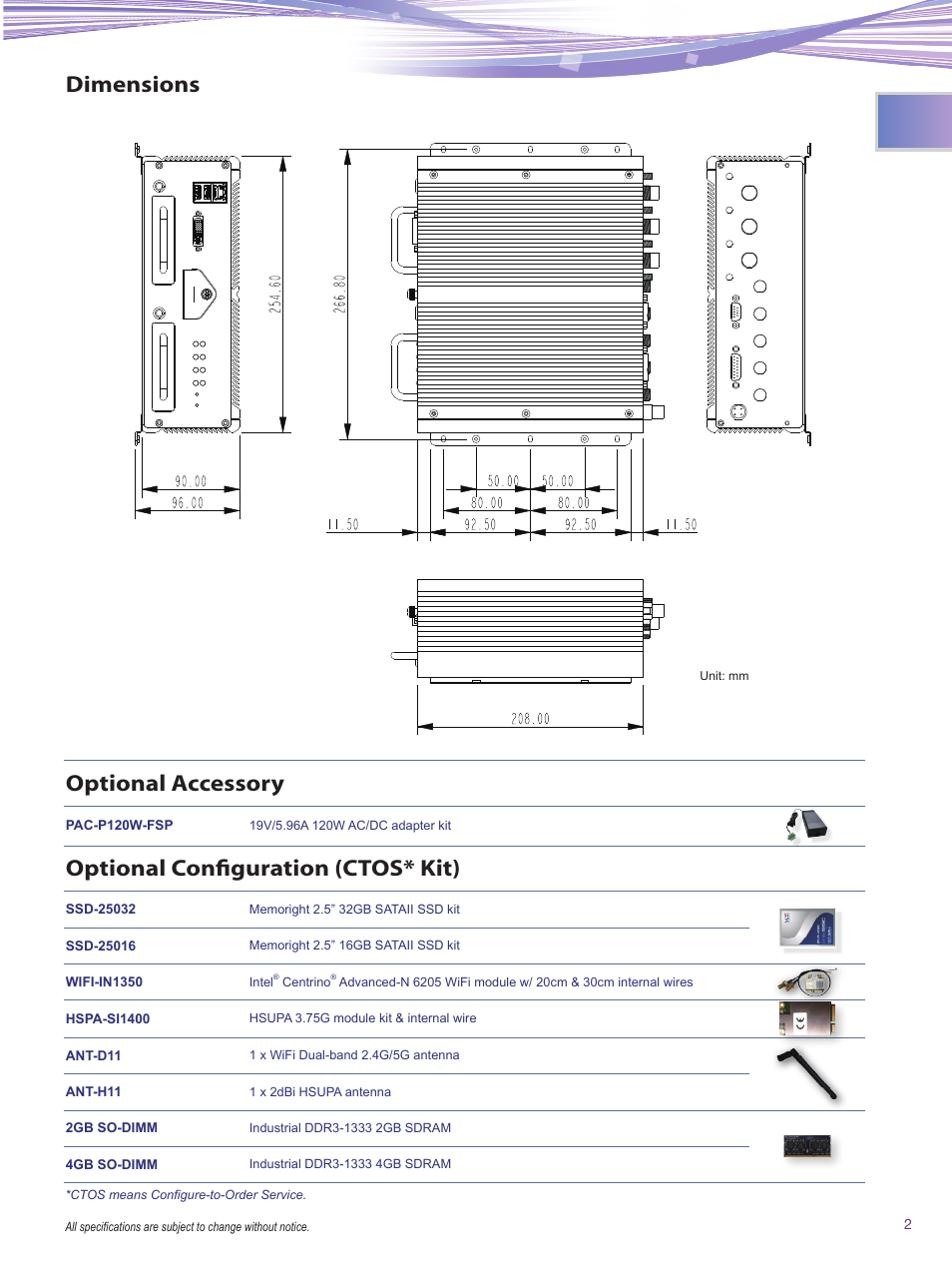 Optional accessory, Optional configuration (ctos* kit), Dimensions | Impulse ARTS-3672 User Manual | Page 2 / 2