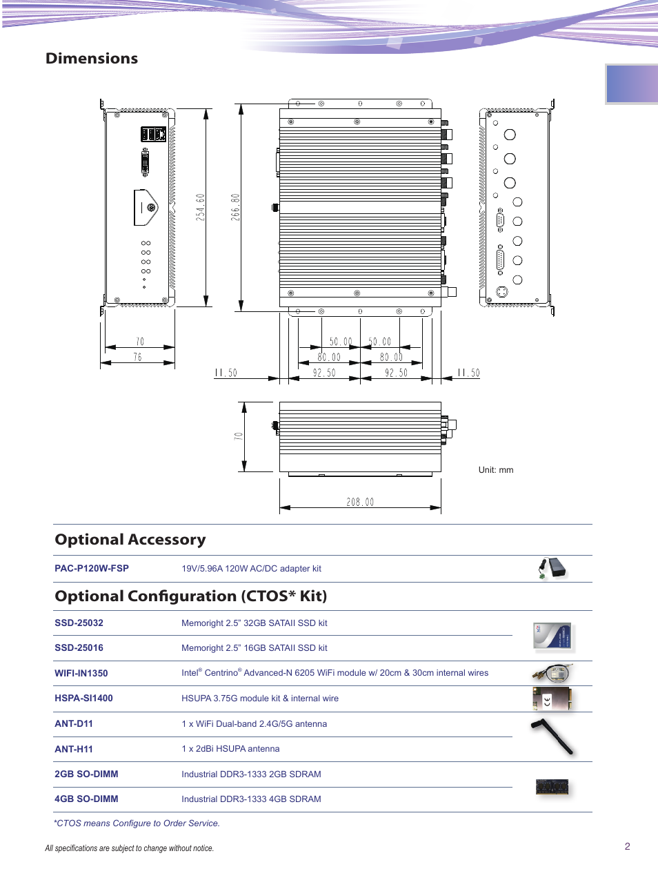 Dimensions, Optional accessory, Optional configuration (ctos* kit) | Impulse ARTS-3250 User Manual | Page 2 / 2