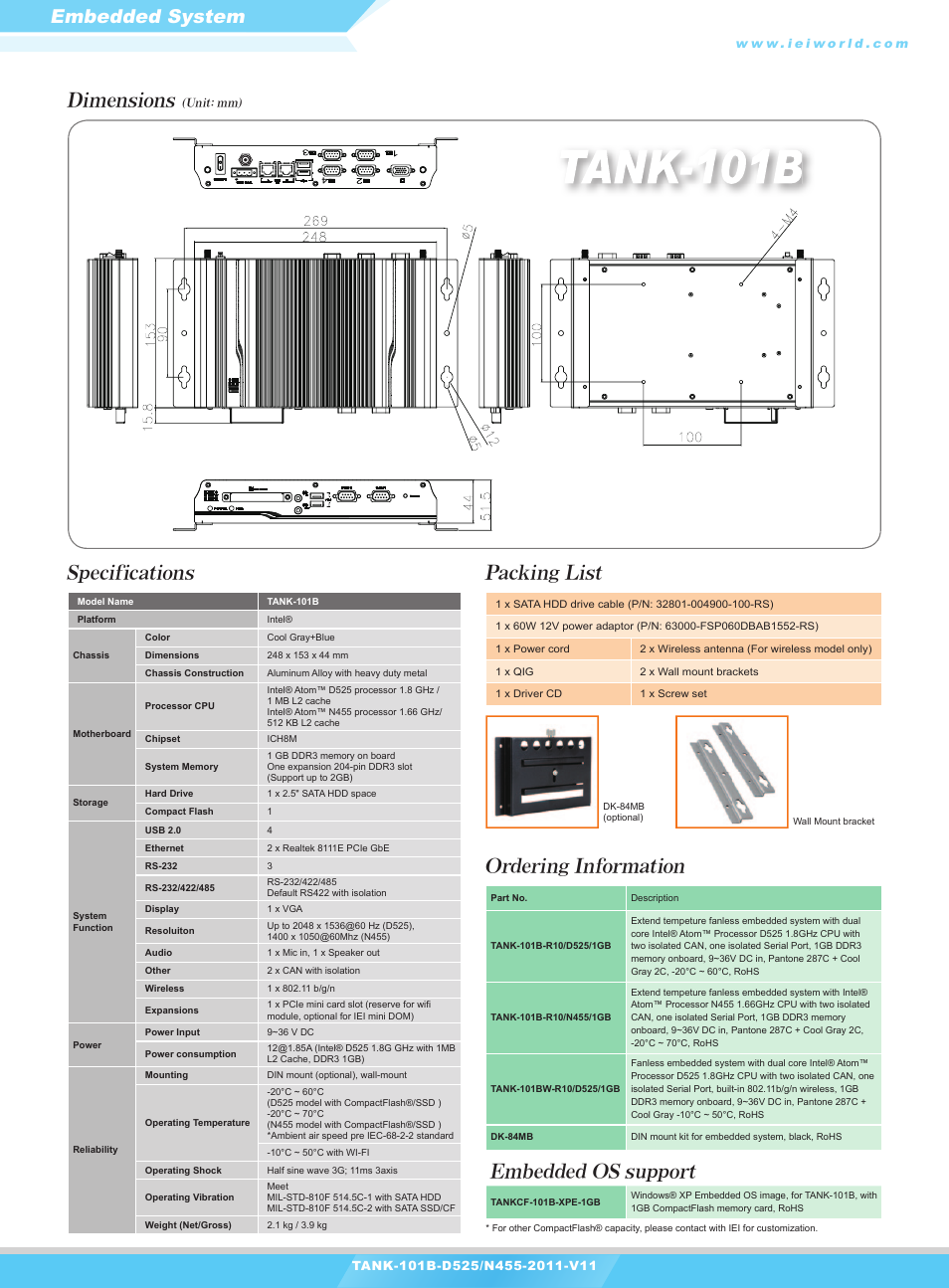 Embedded system, Embedded os support, Dimensions | Specifications ordering information packing list | Impulse TANK-101B User Manual | Page 2 / 2