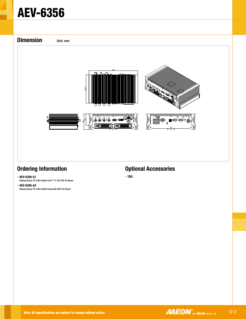 Aev-6356, Ordering information optional accessories, Dimension | Impulse AEV-6356 User Manual | Page 2 / 2