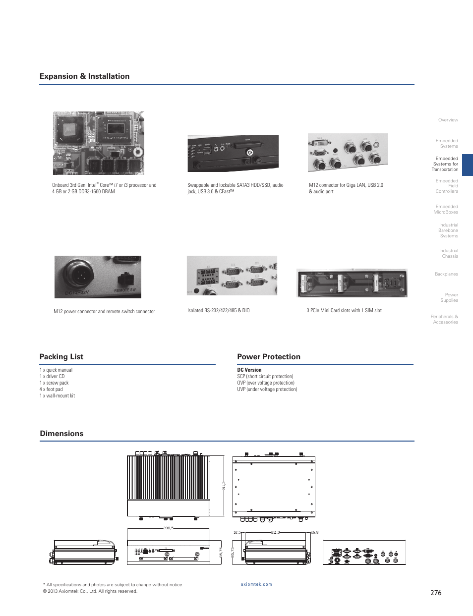 Expansion & installation dimensions packing list, Power protection | Impulse tBOX321-870-FL User Manual | Page 2 / 2