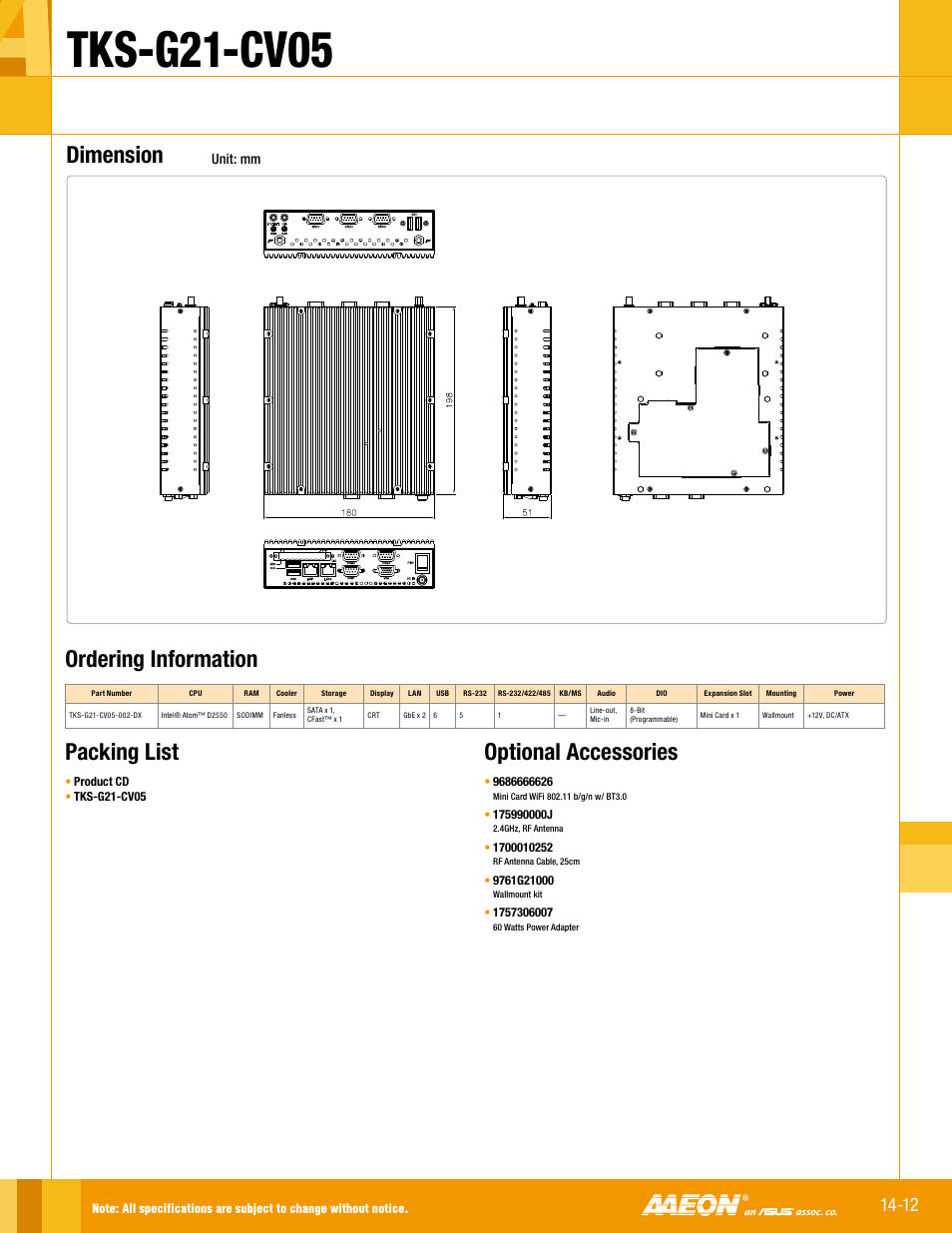 Tks-g21-cv05, Dimension, Optional accessories | Ordering information packing list | Impulse TKS-G21-CV05 User Manual | Page 2 / 2