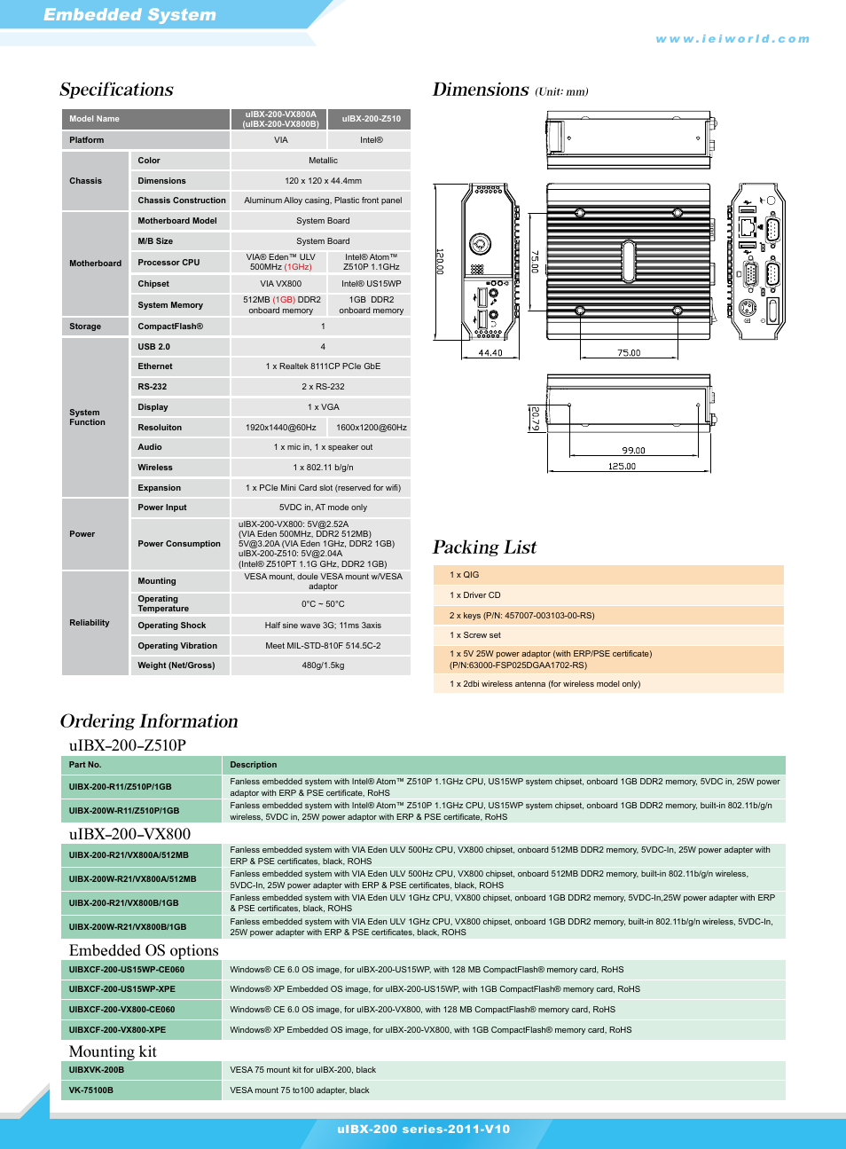 Embedded system, Specifications ordering information dimensions, Packing list | Embedded os options, Mounting kit | Impulse uIBX-200 Series User Manual | Page 2 / 2