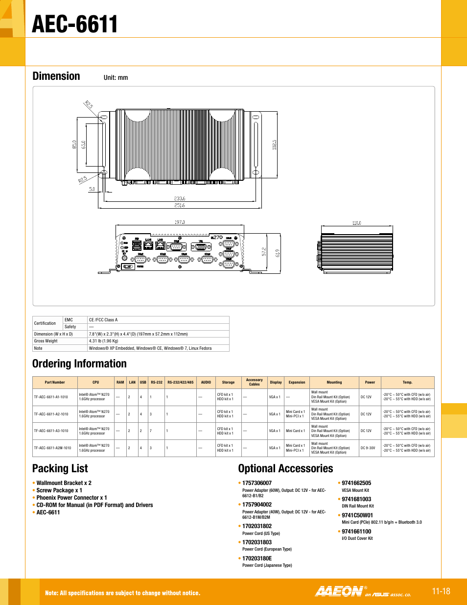 Aec-6611, Optional accessories, Packing list | Ordering information, Dimension, Unit: mm | Impulse AEC-6611 User Manual | Page 2 / 2