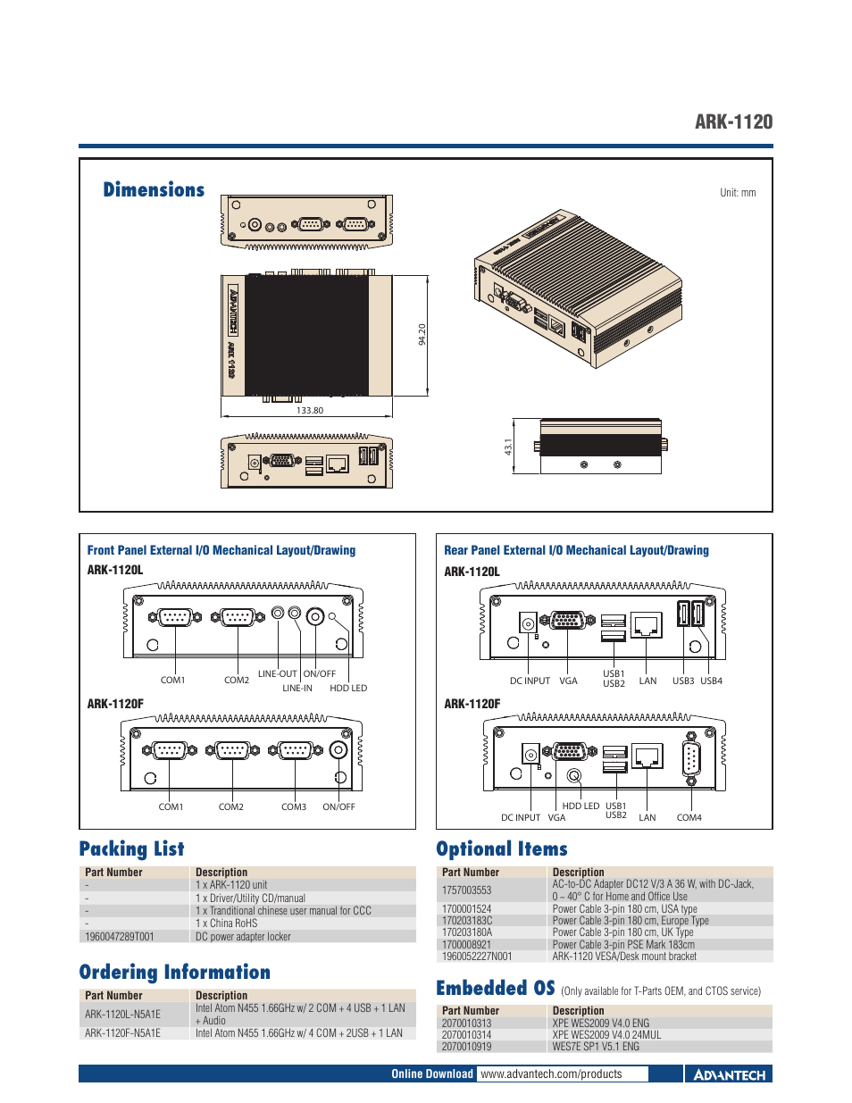 Dimensions, Ark-1120, Packing list | Ordering information, Optional items, Embedded os | Impulse ARK-1120 User Manual | Page 2 / 2