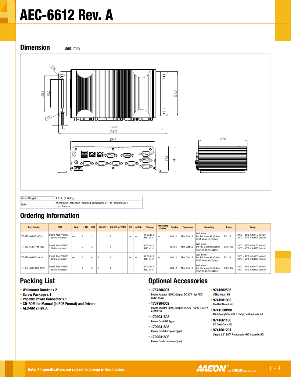 Aec-6612 rev. a, Optional accessories, Packing list | Ordering information, Dimension, Unit: mm | Impulse AEC-6612 User Manual | Page 2 / 2