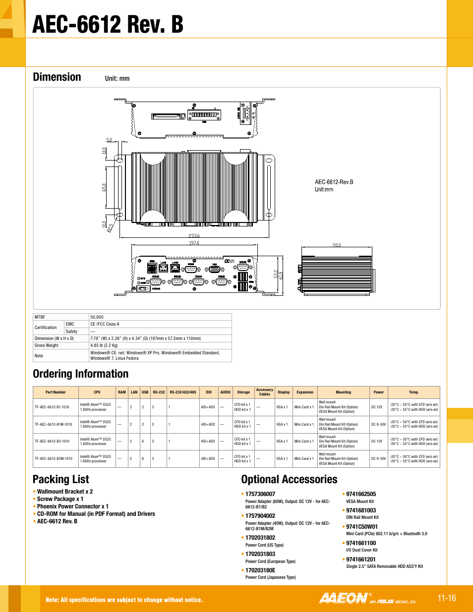Aec-6612 rev. b, Optional accessories, Packing list | Ordering information, Dimension, Unit: mm | Impulse AEC-6612 Rev. B User Manual | Page 2 / 2