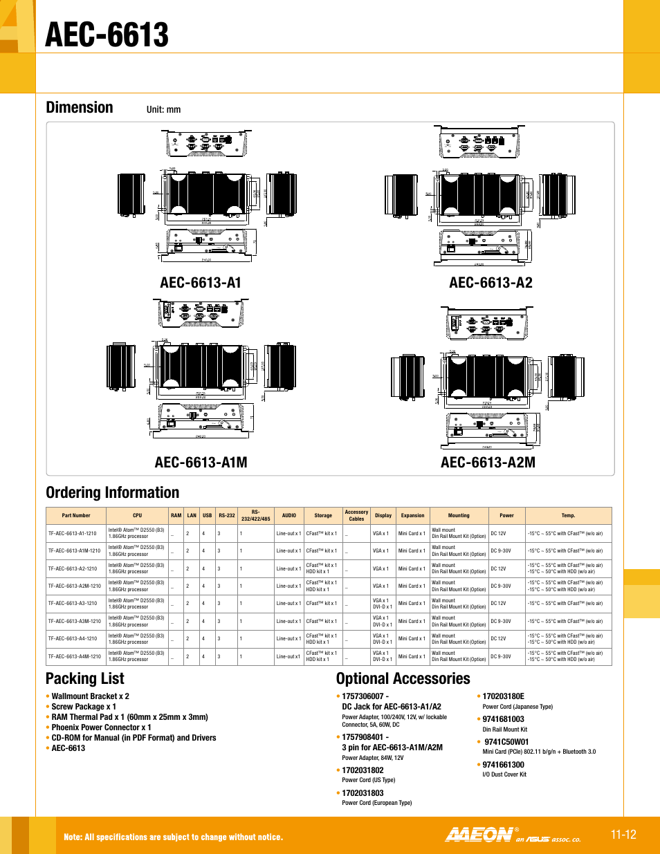 Aec-6613, Optional accessories, Packing list | Ordering information, Dimension, Cfast, Unit: mm | Impulse AEC-6613 User Manual | Page 2 / 2