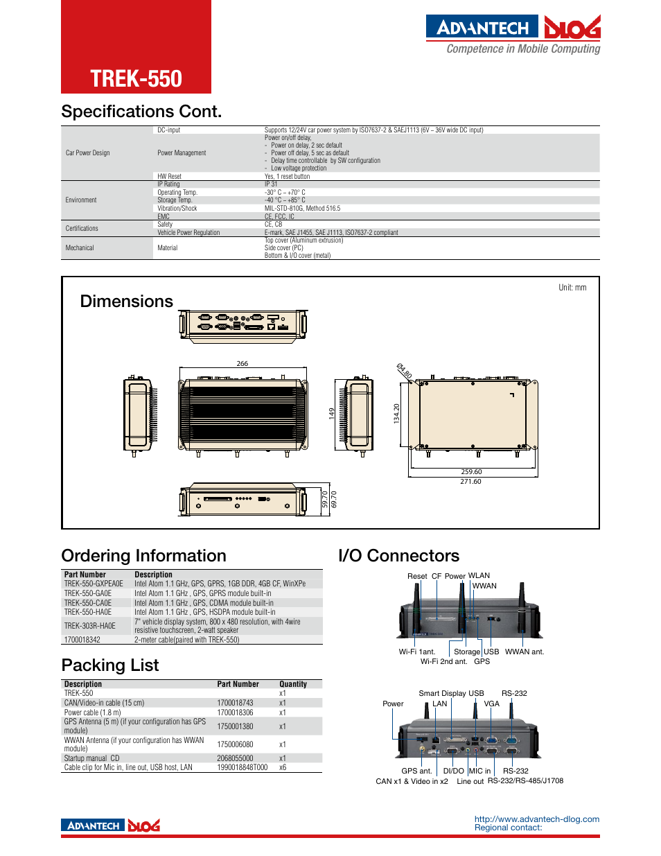Trek-550, I/o connectors ordering information, Packing list | Specifications cont. dimensions, Competence in mobile computing | Impulse TREK-550 User Manual | Page 2 / 2