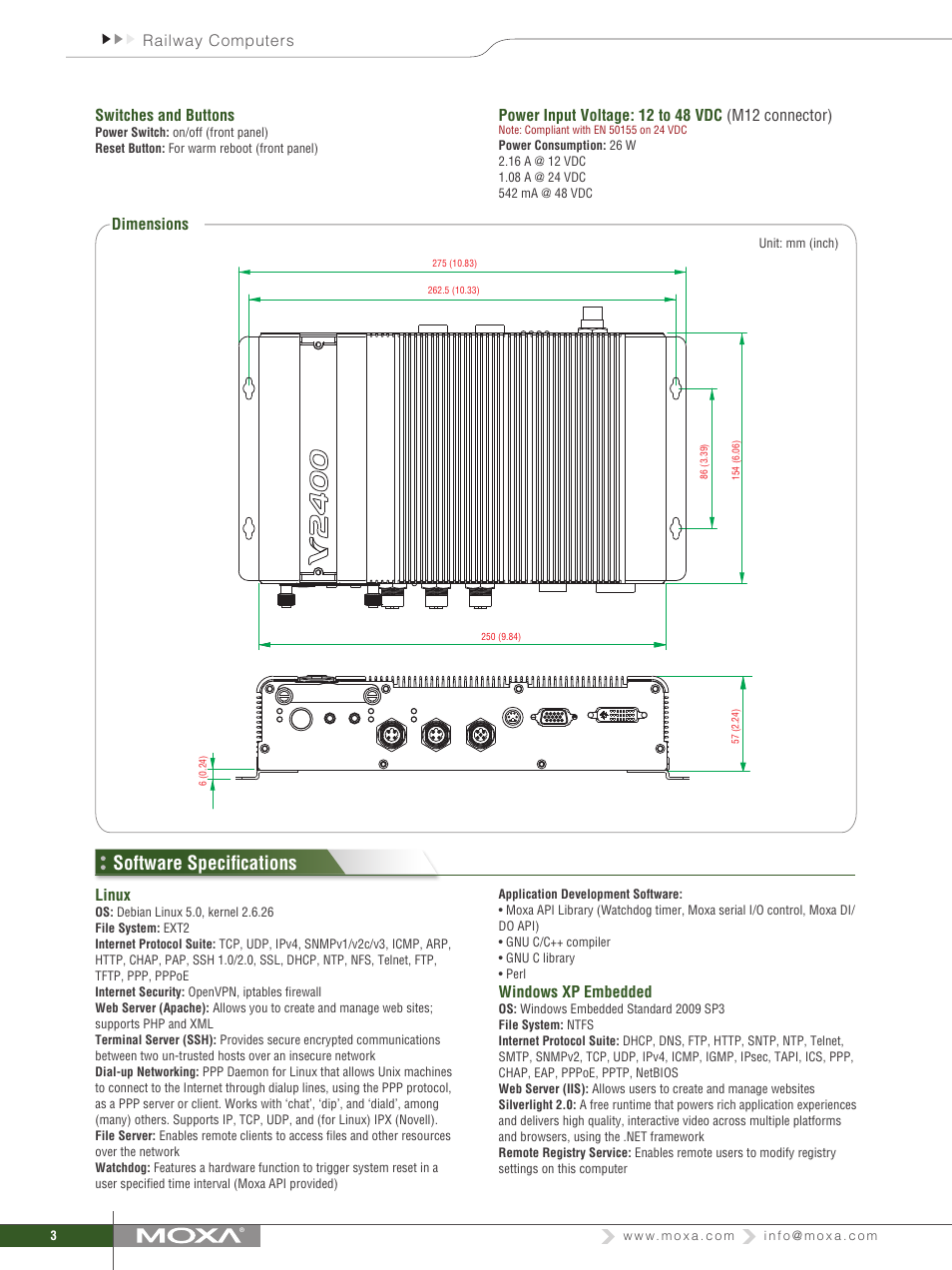 Software specifications, Railway computers switches and buttons, Dimensions | Linux, Windows xp embedded | Impulse V2406 Series User Manual | Page 3 / 4
