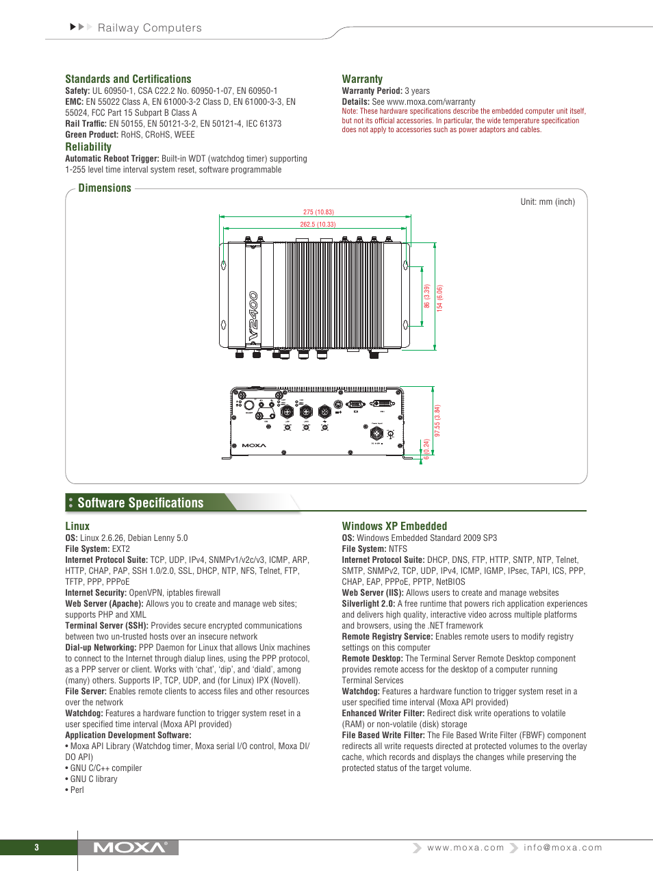 Software specifications, Railway computers standards and certifications, Reliability | Warranty, Dimensions, Linux, Windows xp embedded | Impulse V2406-24I Series User Manual | Page 3 / 4