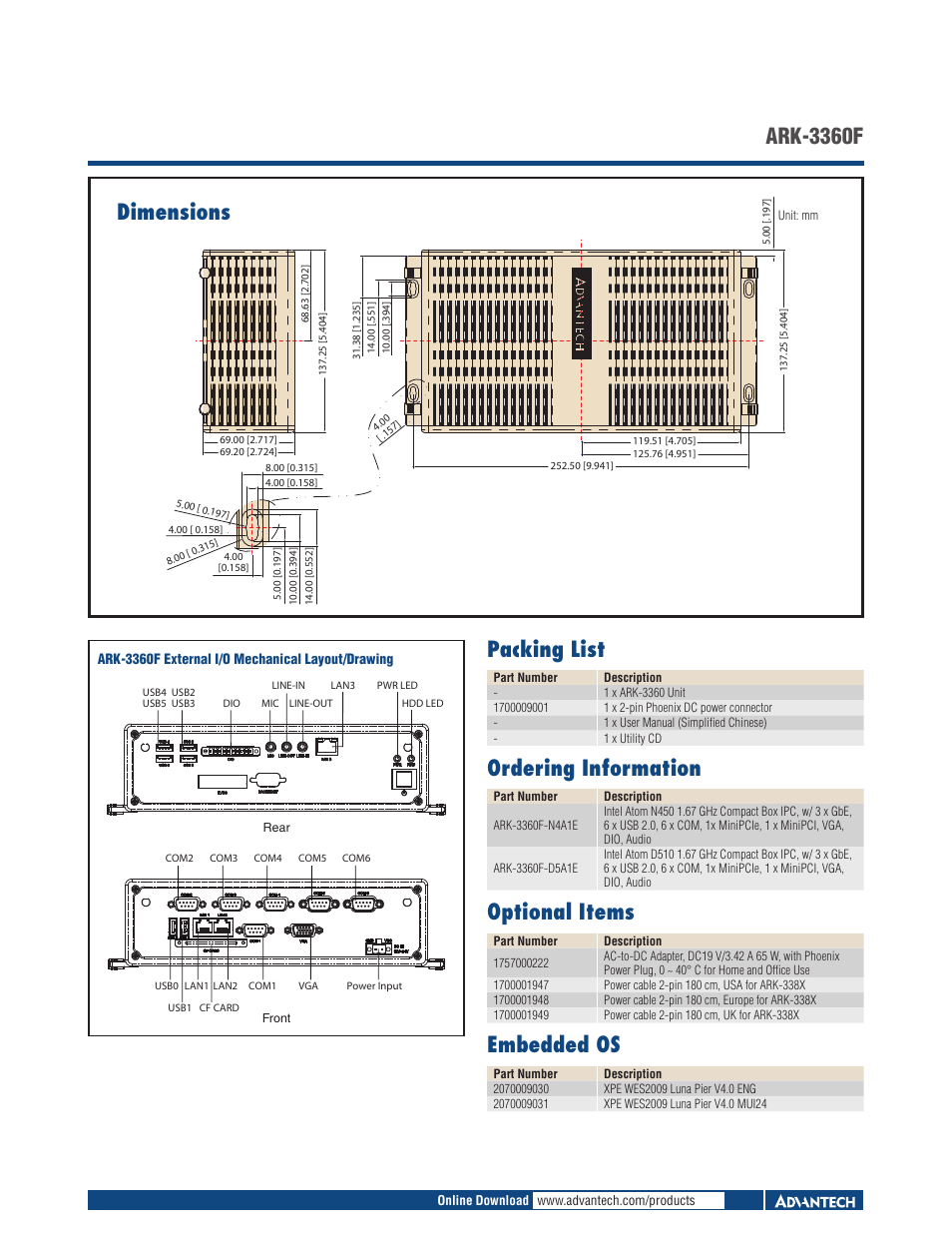 Dimensions, Ark-3360f packing list, Ordering information | Optional items, Embedded os | Impulse ARK-3360F User Manual | Page 2 / 2
