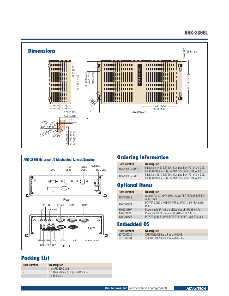 Dimensions, Ark-3360l packing list, Ordering information | Optional items, Embedded os, Ark-3360l external i/o mechanical layout/drawing | Impulse ARK-3360L User Manual | Page 2 / 2