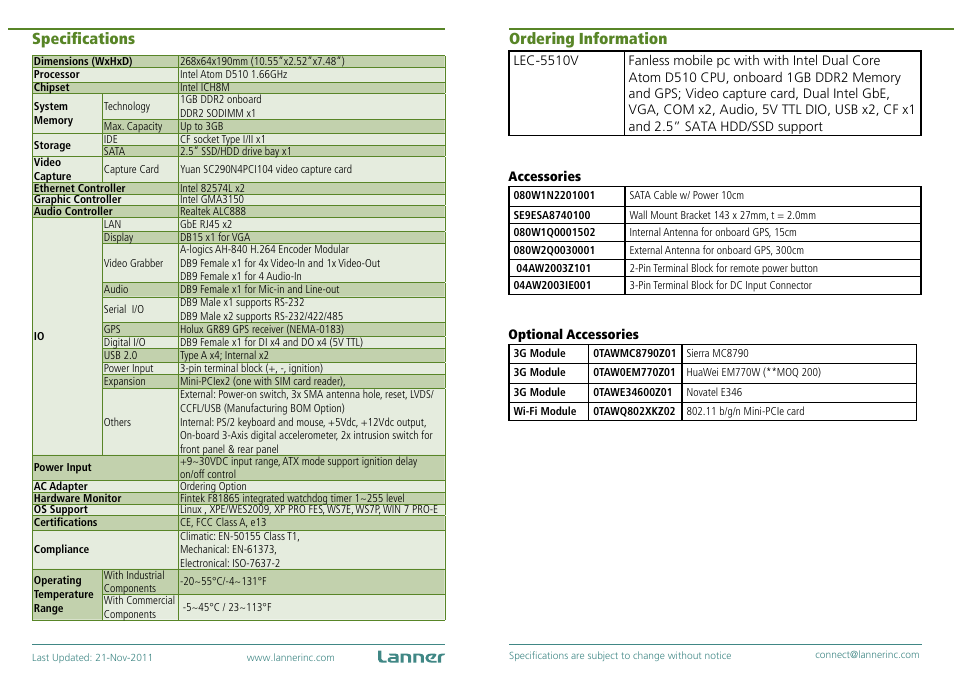 Specifications, Ordering information | Impulse LEC-5510V User Manual | Page 2 / 2