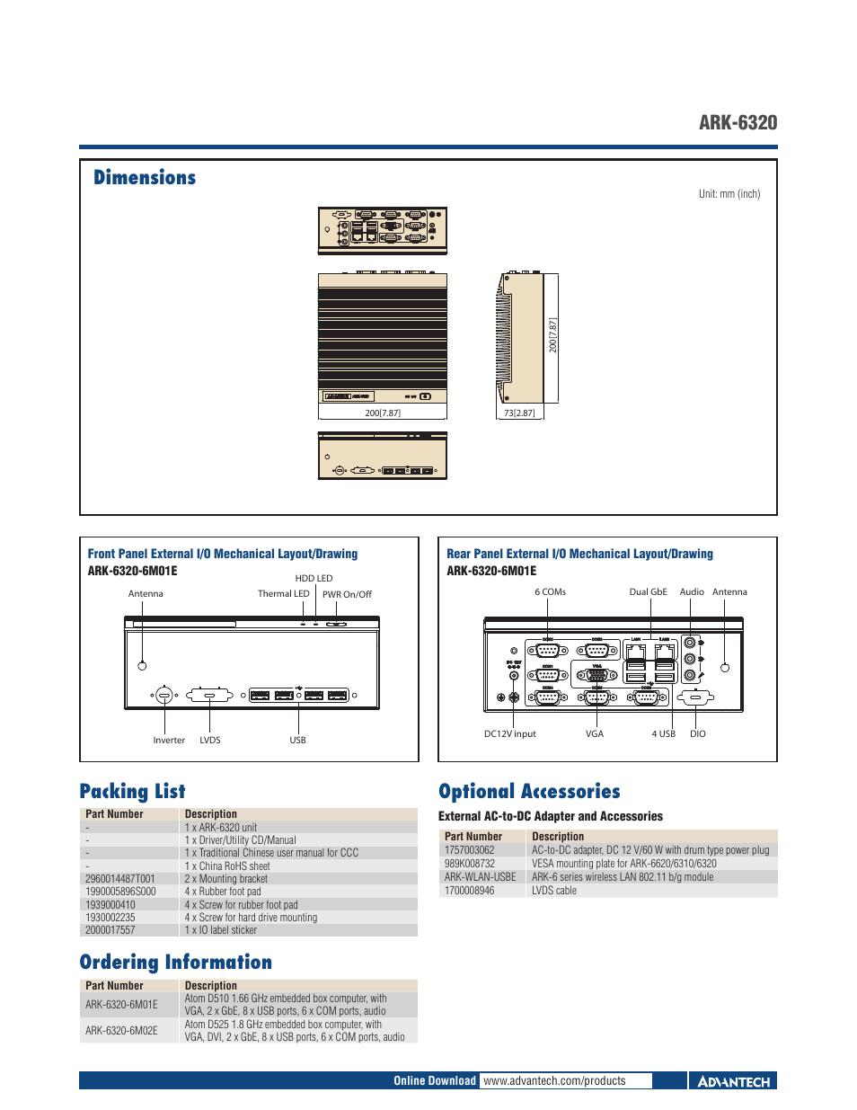 Dimensions ark-6320 packing list, Ordering information, Optional accessories | Impulse ARK-6320 User Manual | Page 2 / 2