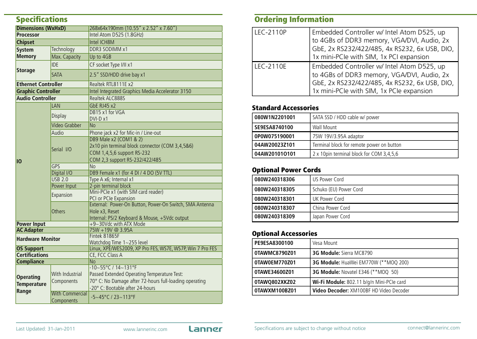 Specifications, Ordering information | Impulse LEC-2110 User Manual | Page 2 / 2